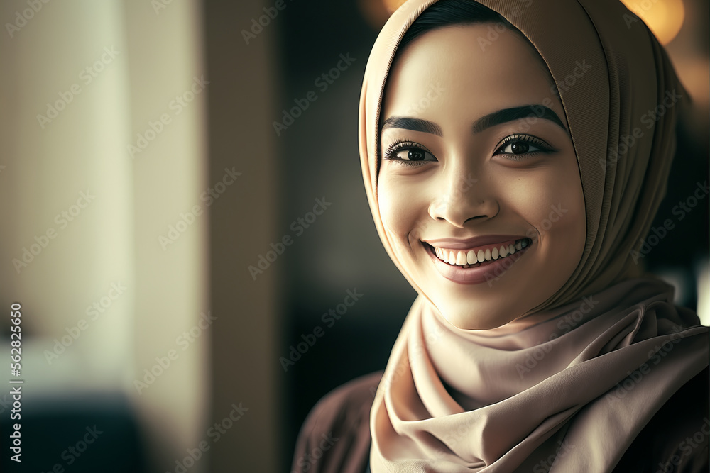 Confident and Connected: Smiling Muslim Woman in Hijab Embraces ...