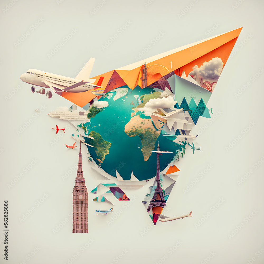 Travel around the earth, Collage Art, vintage illustartion Generative AI	