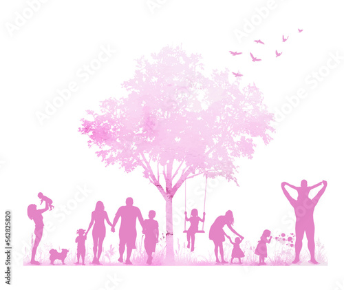 Watercolor nature and family silhouettes. Pink landscape with people. Vector illustration © Мария Неноглядова