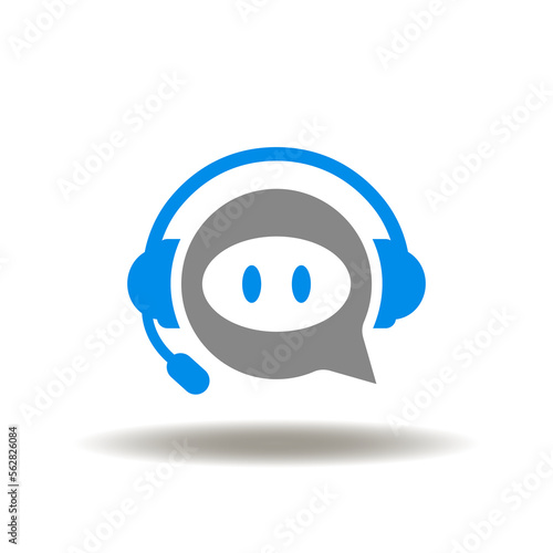 Vector illustration of headphones or headset and speech bubble robot face. Icon of chatbot. Symbol of chat bot automatic online support service.