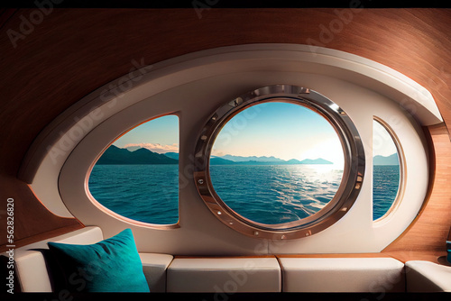 Luxuriöse Yacht mit Bullaugen-Fenster - ein unvergessliches Segelerlebnis auf dem Meer - Generative Ai © Sarah