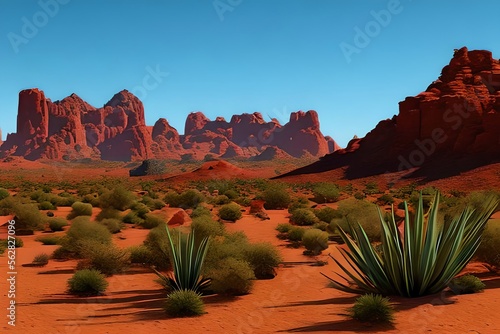 A desert landscape with cacti and red rock formations. Generative AI © Pixel Matrix