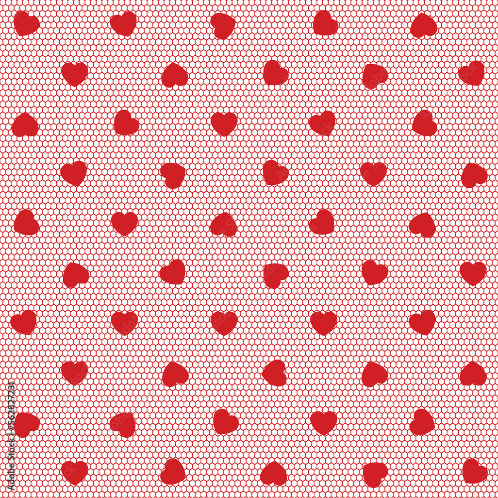 Mesh in red hearts seamless vector pattern. Lace ornament for sexy transparent lingerie and stockings. Luxurious fabric clip art. 