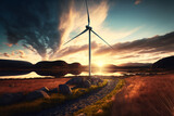 Wind turbine in a dramatic atmosphere, beautiful landscape Generative AI