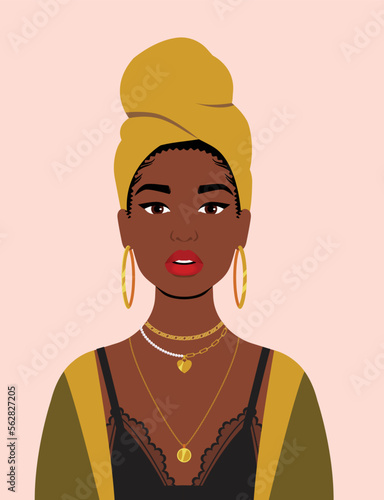 Beautiful woman wearing modern jewelry and traditional turban. Black lady avatar vector illustration. Model in golden earrings, pearl necklaces, and a sexy lace bra.