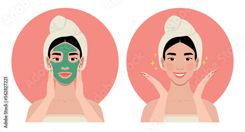 Skin treatment steps vector cartoon illustration. Young beautiful Asian woman applying a mask in her bathroom. Girl with hair wrapped in a towel takes care of her skin. Cosmetology clip art.  