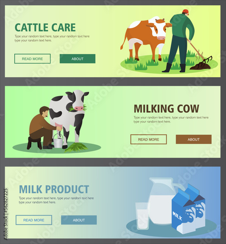 Vector set of horizontal livestock  banners, Livestock and animal farm concept for banner, how to take care livestock. Milk, cattle, breeding flat vector illustration, milking cow banner concept