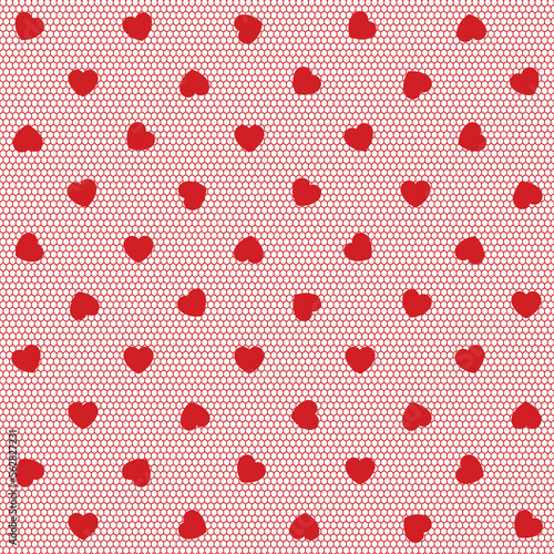 Mesh in red hearts seamless vector pattern. Lace ornament for sexy transparent lingerie and stockings. Luxurious fabric clip art. 
