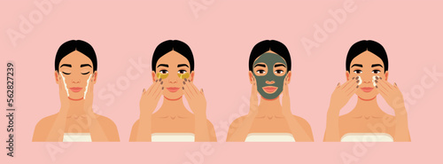 Skincare routine of women. Face cleansing, golden eye patches, mask, and cream application. Vector flat cartoon illustration. 
