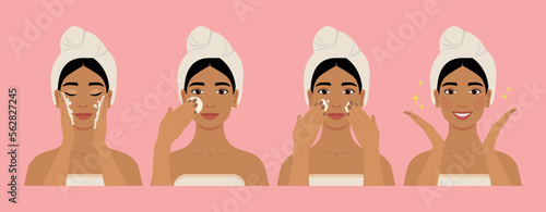 Skincare routine of Indian women. Face cleansing, toning, and cream application. Vector flat cartoon illustration. Perfect skin result. 