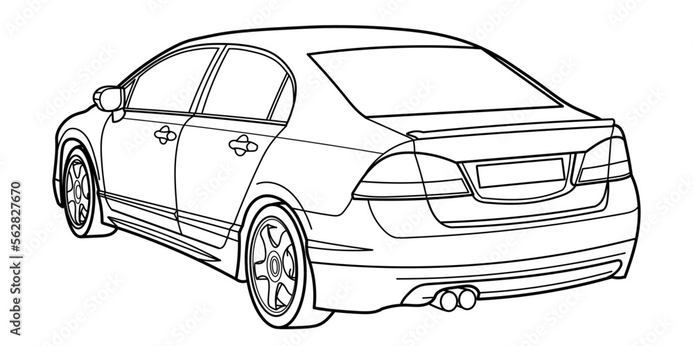 Classic sport sedan car. Rear and side 3d view. Street racing style car. Outline doodle vector illustration for your design - coloring book or print.