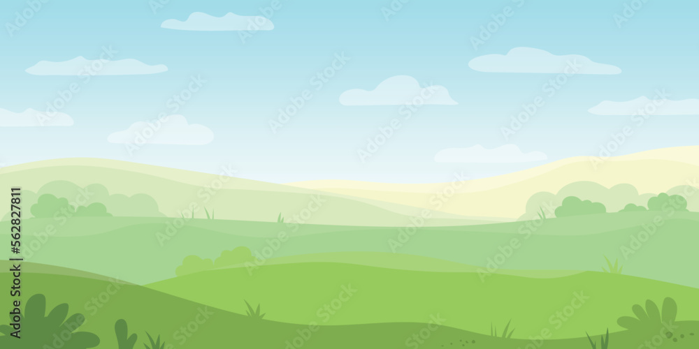 horizontal spring, summer rural meadow landscape and blue sky with clouds, natural background- vector illustration