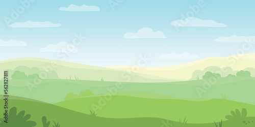 horizontal spring, summer rural meadow landscape and blue sky with clouds, natural background- vector illustration