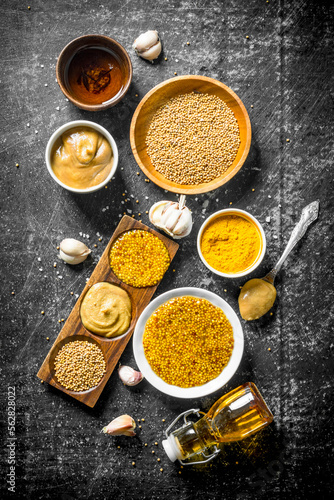 Different types of mustard with garlic.