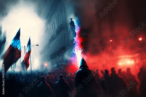Fototapeta Naklejka Na Ścianę i Meble -  manifestation dans les rues de Paris avec feu et fumigènes - illustration IA