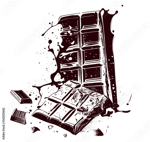 Broken chocolate bar and pieces of chocolate hand drawn engraving style sketch Vector illustration.
