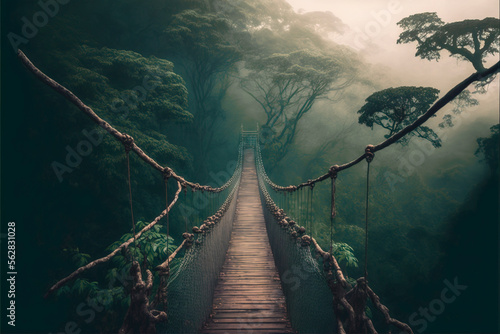 Fototapeta Bridge surrounded by a thick foggy jungle