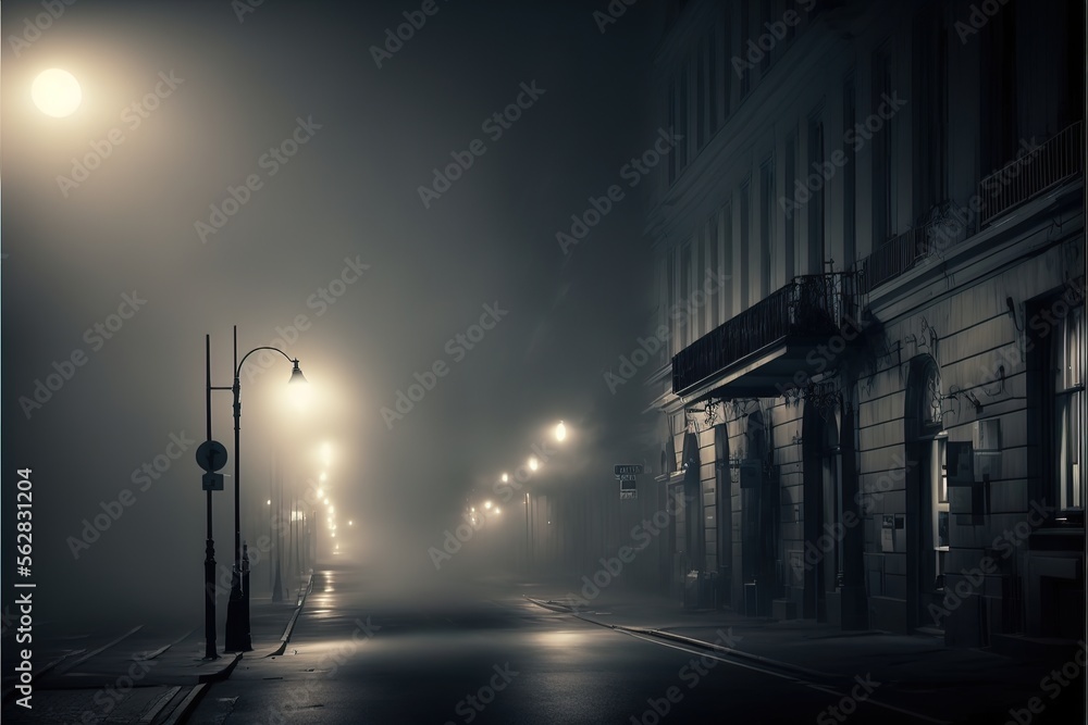 Dark gloomy empty street with smoke and fog. AI