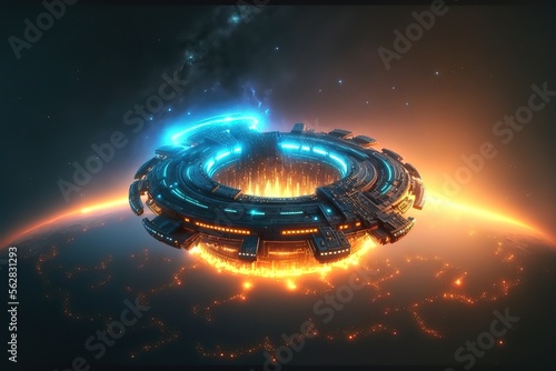 Disc-shaped intergalactic station. Science and technology platform on the galactic planet, space. AI © DZMITRY
