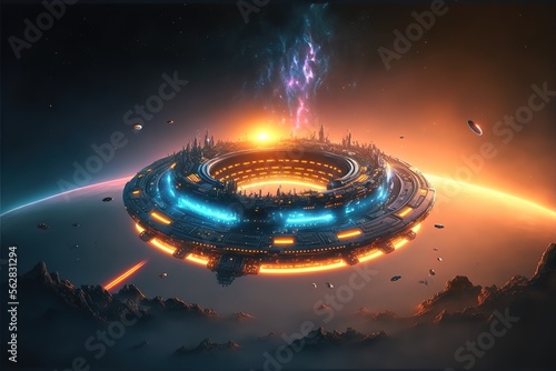 Disc-shaped intergalactic station. Science and technology platform on the galactic planet, space. AI