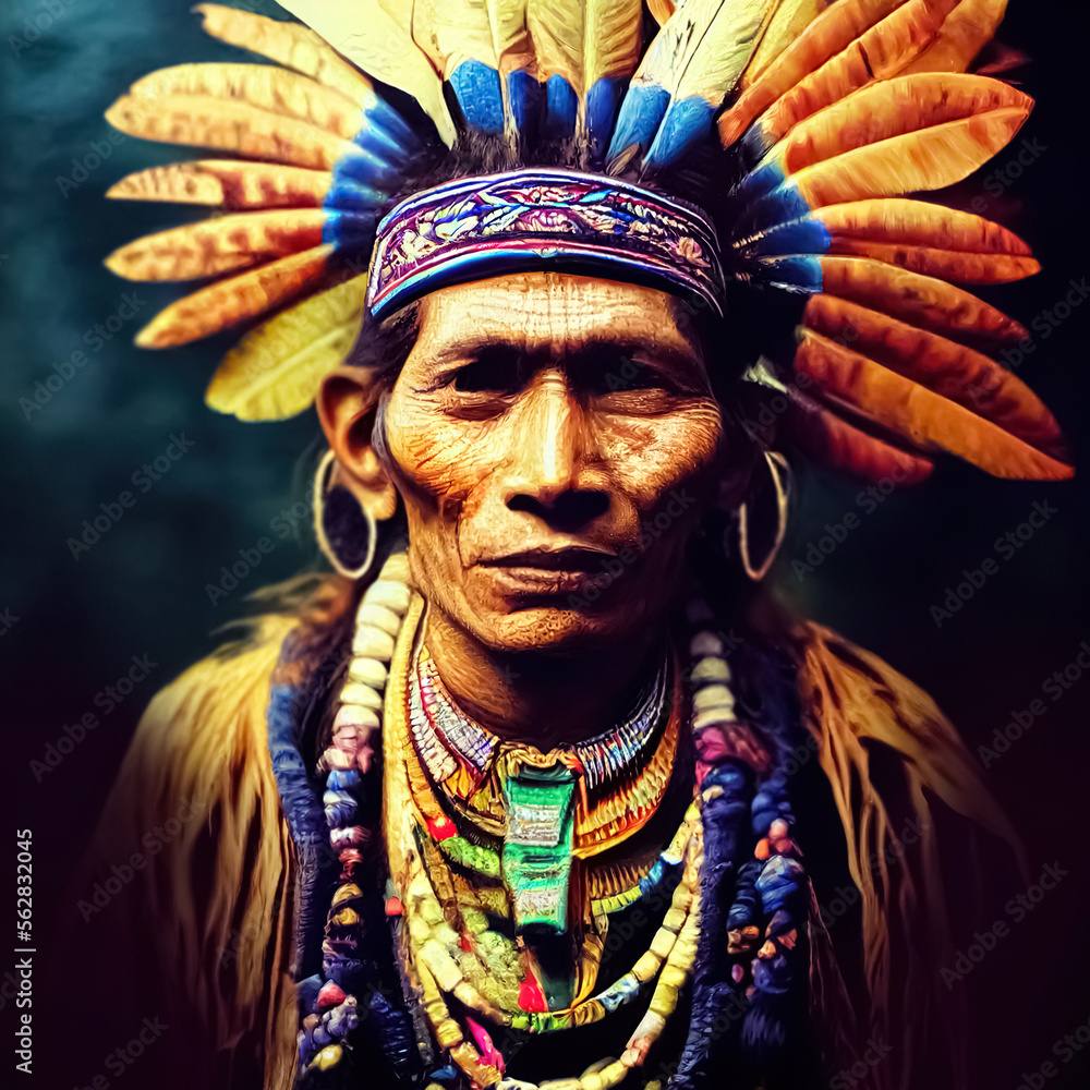 Digital illustration of ayahuasca Indian shaman in traditional tribal ceremonial costume. Generative AI.