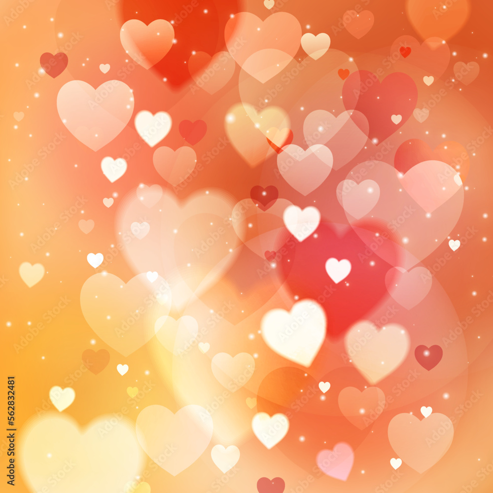 Delicate beautiful background in warm colors, a pattern of bright red and light hearts. Romantic illustration for Valentine's day.