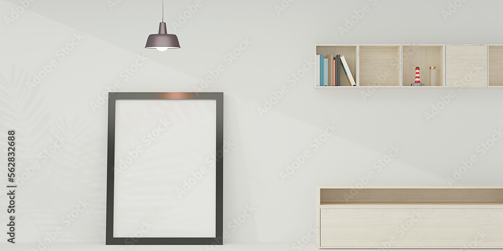Picture frame mockups in room and shelves empty frame inside building and decorations 3D illustrations Picture frame mockups in room and shelves empty frame inside building and decorations 3D illustrations