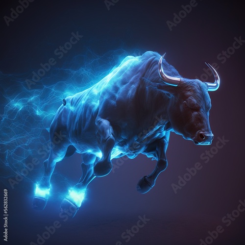 Cryptocurrency investing and stock market growth concept with digital. The 3d bull in digital universe trading concept. Hyperrealistic with light glow effect. 