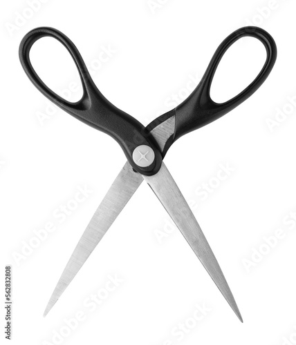 Open scissors for cutting paper on a transparent background. Isolated object for design
