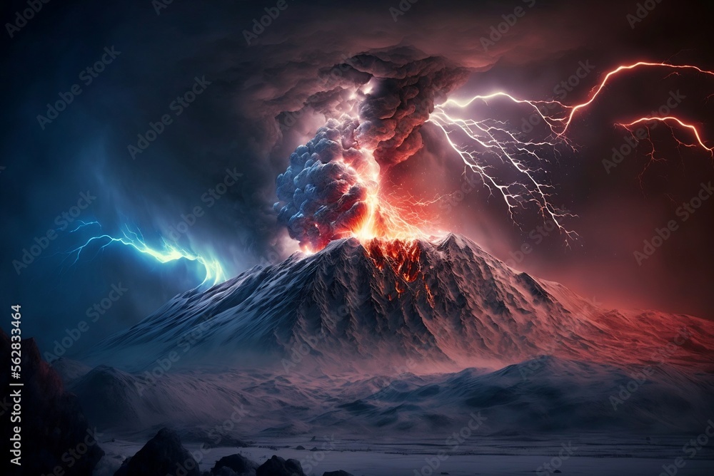 Volcan en éruption avec lave, fumée et éclairs, pose longue, vu de nuit - illustration IA