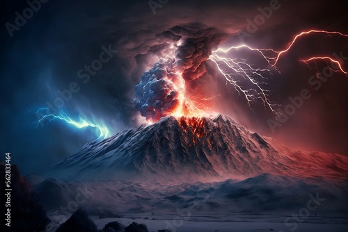 Volcan en éruption avec lave, fumée et éclairs, pose longue, vu de nuit - illustration IA