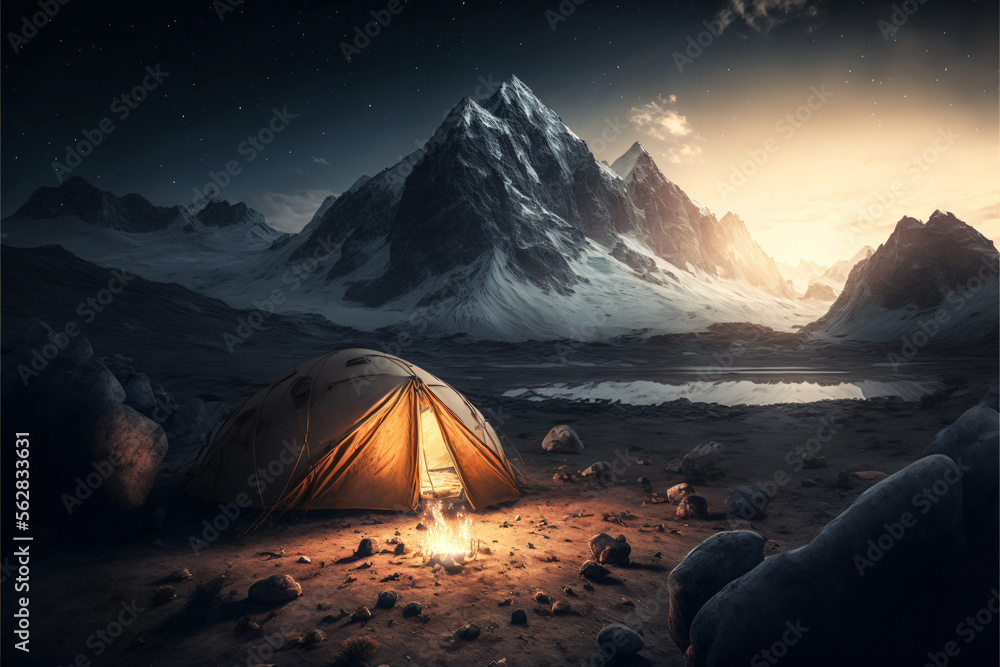Mountain landscape with tent and sunlight. Designed using generative ai. 