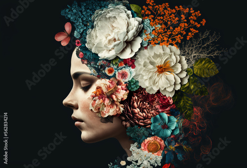 Portret van een vrouw met veel bloemen. Abstract trendy kunstdocument collageontwerp. generatieve ai © ink drop
