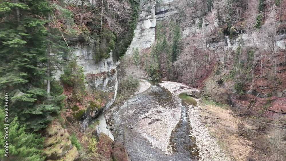 Smooth drone flight over wild river in Switzerland. Aerial view of natural stream in forest. Smooth drone flight over wild river in Switzerland. Aerial view of natural stream in forest.