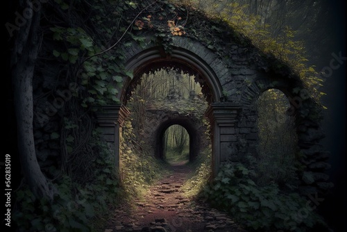 illustration passageway in gloomy forest  fantasy  image generated by AI