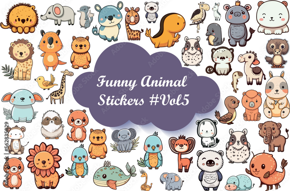 Set of stickers with baby animals. Illustration in cartoon style. Cute jungle animals set