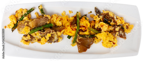 Portion of scrambled eggs with asparagus and mushrooms. Isolated over white background