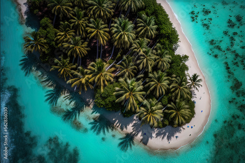 Tropical island top view, aerial photography, green sea water, beach, palm trees on the island. Tropical landscape. AI