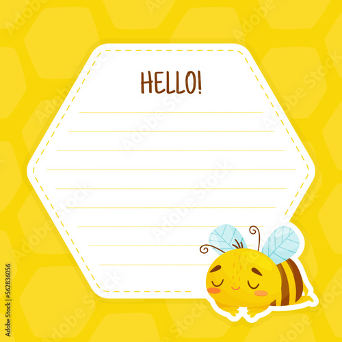 Cute Honey Bee Hexagonal Card Design with Busy Insect Sleeping Vector Template