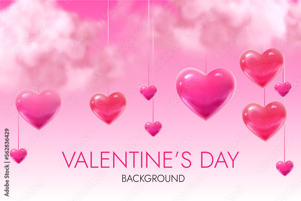 Horizontal banner with pink sky and clouds. Place for text. Happy Valentine's day sale header or voucher template with hearts. Rose cloudscape border frame pastel colors.