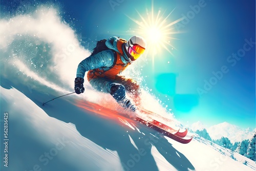 Mountain winter snow slope and snowboarder, snow avalanche. AI photo