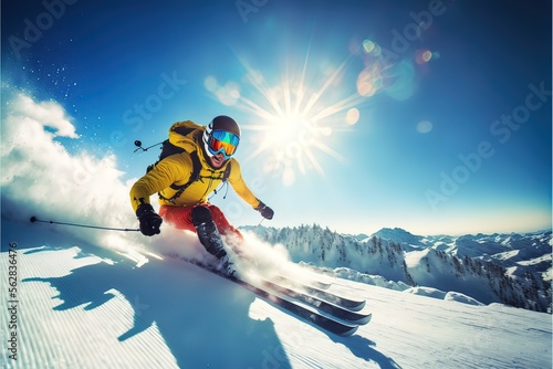 Mountain winter snow slope and snowboarder, snow avalanche. AI