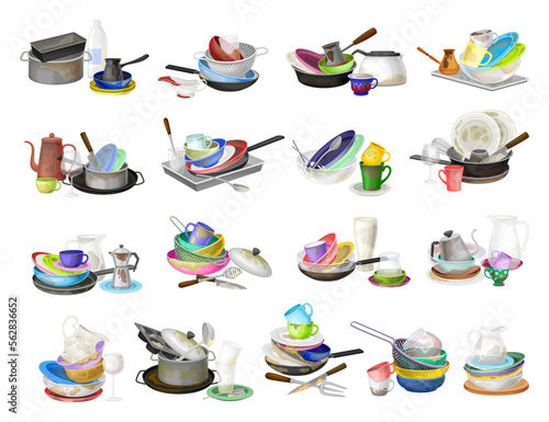 Piles of Dirty Dishes and Utensils with Plates and Cups Big Vector Set