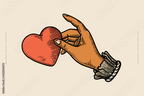 Hand holding a heart in engraving style. Vintage symbol of love on a light background. Vintage vector illustration for postcard, book or tattoo design.