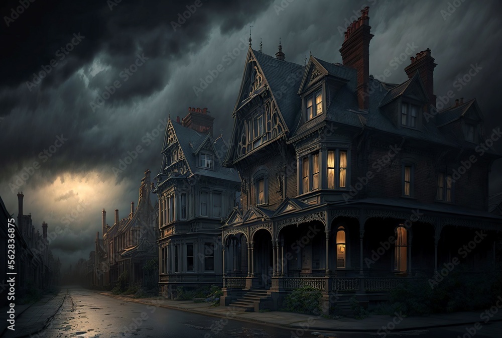 Obraz premium illustration scary dark street with houses,AI generated image