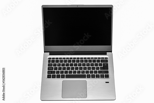 Computer laptop with empty screen, touchpad and english layout keyboard for writing text. Notebook for online remote working, video conference and chatting on the internet.