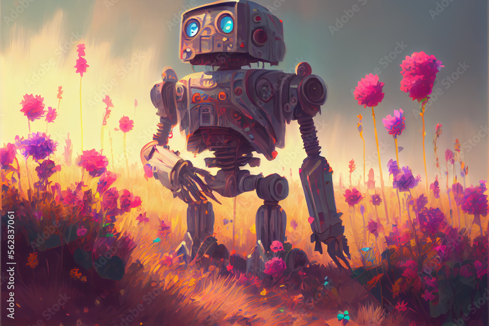 An ancient robot standing in the field of flowers, digital art style,  illustration painting Stock Illustration | Adobe Stock