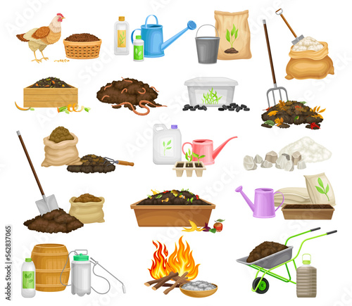 Garden Organic Fertilizer and Compost for Soil Cultivation Big Vector Set