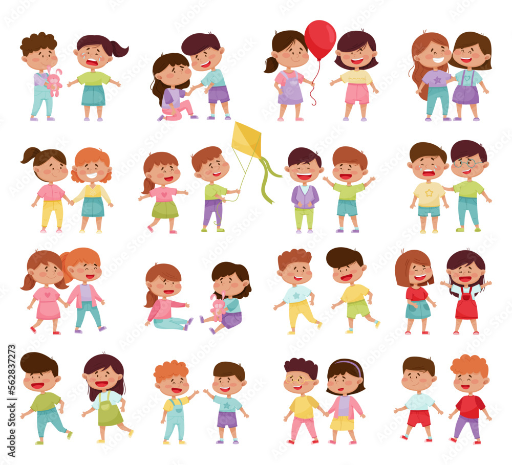 Friendly Little Kids Playing and Cheering Up Each Other Big Vector Set Friendly Little Kids Playing and Cheering Up Each Other Big Vector Set