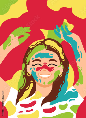 Holi Festival poster or card for the Hindu tradition holiday, party and event, drawings of happy girl smear colours